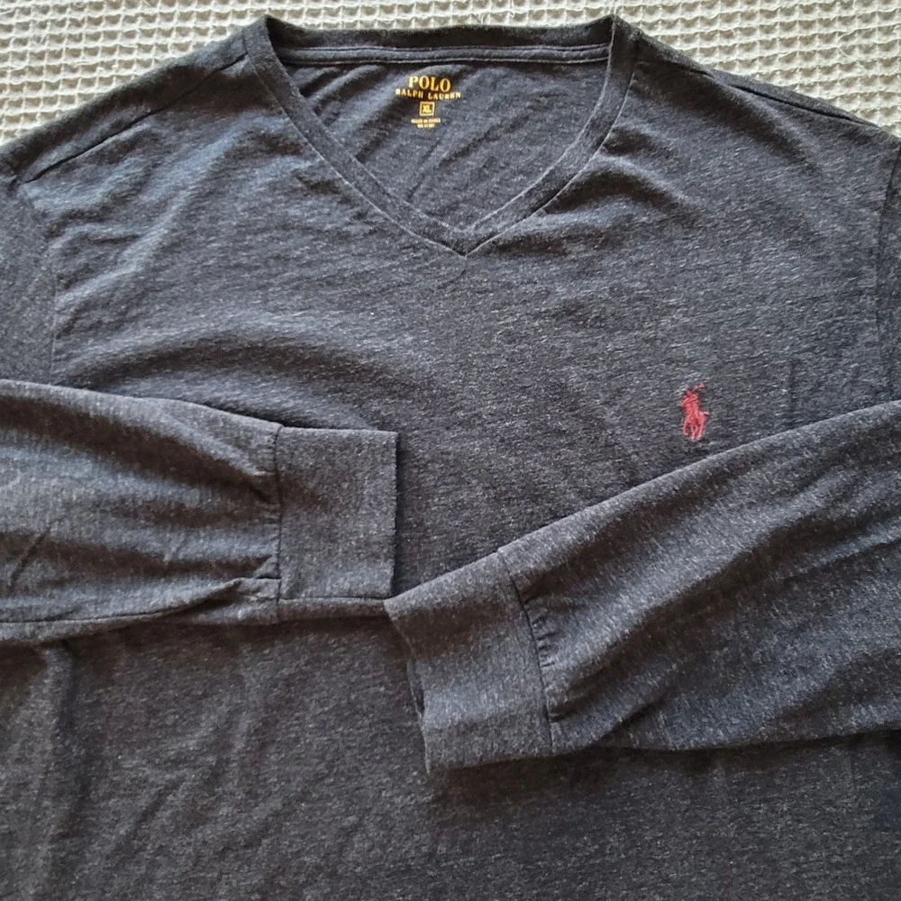 Polo Ralph Lauren T-Shirt Mens XL Gray V-Neck Long‎ Sleeve Cotton Pony Logo